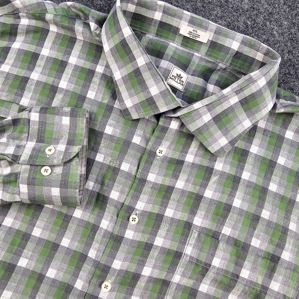 Peter Millar Men's 4XL Green Gray Plaid Button Down Shirt 100% Cotton Big & Tall